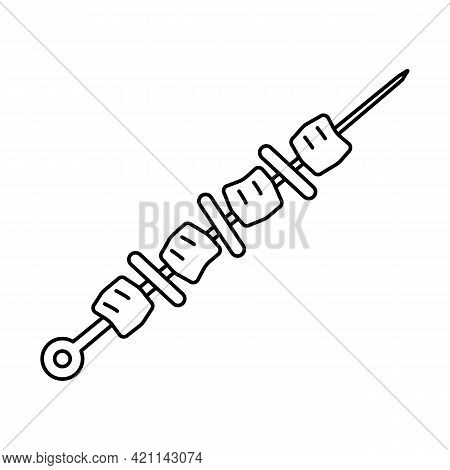 Pieces Of Fried Meat And Onions On Skewer. Simple Black And White Icon Isolated On White Background.