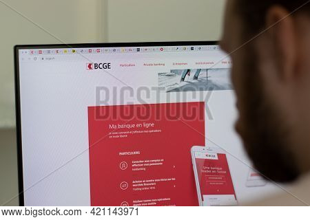 New York, Usa - 1 May 2021: Banque Cantonale De Geneve Bcge Company Website On Screen, Illustrative 