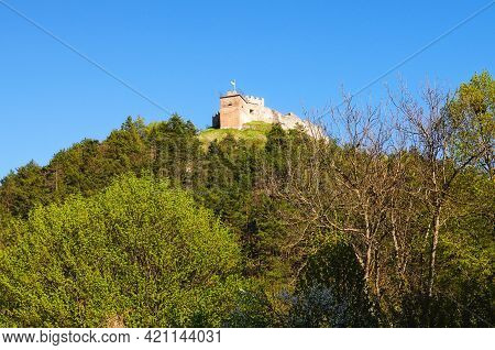 Picturesque Landscape View Of Ruins Of Ancient Kremenets Castle On The Top Of The Hill. Famous Touri