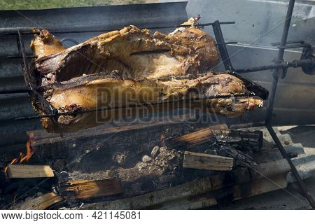 Roast Pork On A Spit. There Is Fire Under The Piglet.