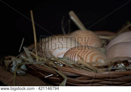 Decorative Chicken Eggs, Wooden Eggs On A Black Background.