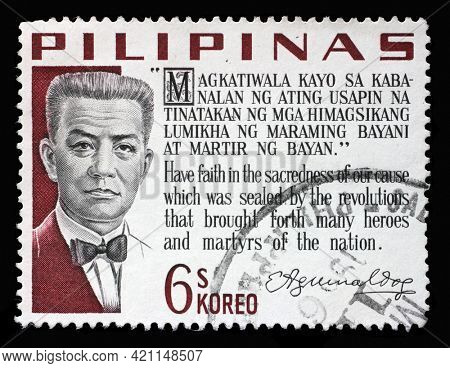 ZAGREB, CROATIA - SEPTEMBER 18, 2014: Stamp printed in Philippines shows Emilio Aguinaldo, the First President of the Philippines, 1899-1901, circa 1966