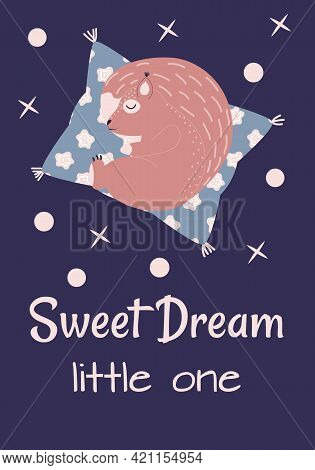 Cute Squirrel Sleep On A Pillow. Animal On Starry Fantatic Sky. Vector Good Nignt And Sweet Dreams C