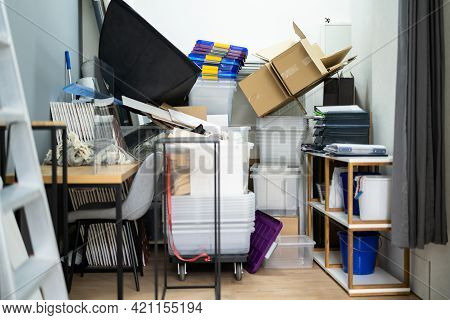 Messy Storage Closet Full Of Junk. Hoarder Stuff