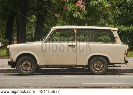 Old Vintage Abandoned Neglected Trabant Car Closeup