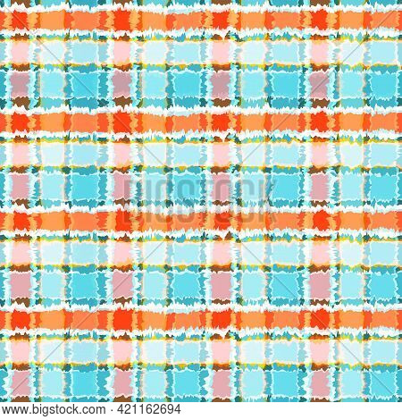 Trendy Seamless Tie Dye Design, Vector. Checkered Dirty Abstract Pattern In Blue And Orange Colors.g