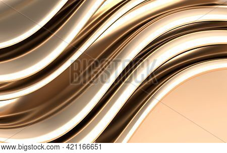 Golden Foil Waves Background. Silk Fabrick Abstract 3d Render