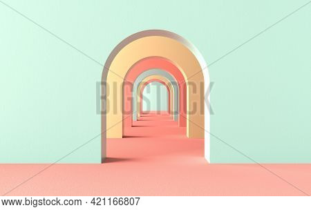 3d Rendering. Arch Hallway Simple Geometric Background, Architectural Corridor, Portal, Arch Columns
