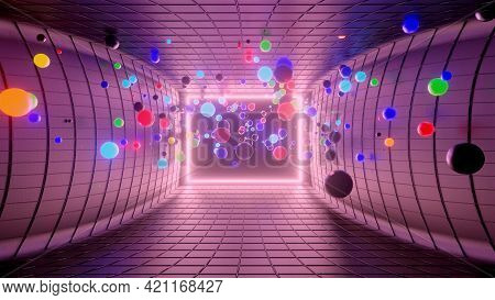 3d Render. 3d Abstract Creative Background With Neon Glow Multi-colored Spheres Inside Camera, Refle
