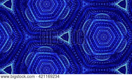 Blue Motion Design Background With Symmetrical Floral Pattern. Triangular Structure. Abstract Sci-fi