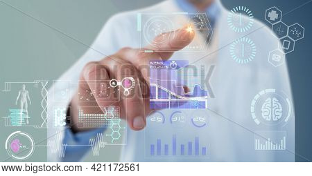 Composition of male doctor touching screen with medical data processing. global medicine and healthcare concept digitally generated image.