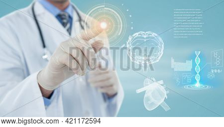 Composition of male doctor touching screen with human brain and medical data processing. global medicine and healthcare concept digitally generated image.
