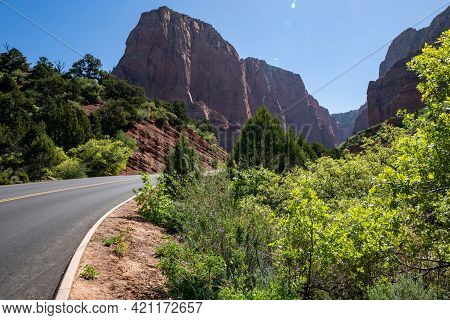 Scenic View Of Zion National Park In Utah, At The Kolob Canyons Scenic Drive On A Sunny Day