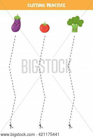 Cutting Practice For Preschool Kids. Cut By Dashed Line. Cute Vegetables.