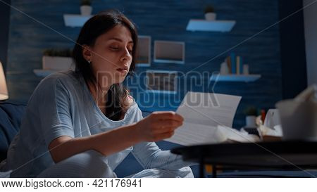 Sad Woman Feeling Distressed Frustrated By Eviction Notice, Dismissal Letter, Debt Notification, Bad