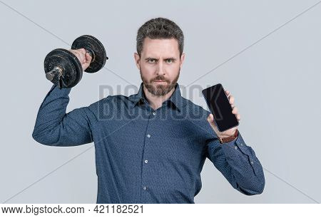 Presenting Product. Businessman With Barbell And Phone. Agile Business Blogging.