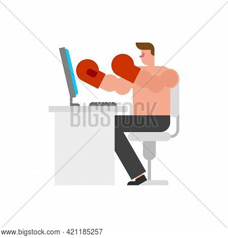 Online Fight. Aggressive Opponent In Internet. Man In Boxing Gloves Hits Screen. Dispute And Feud On