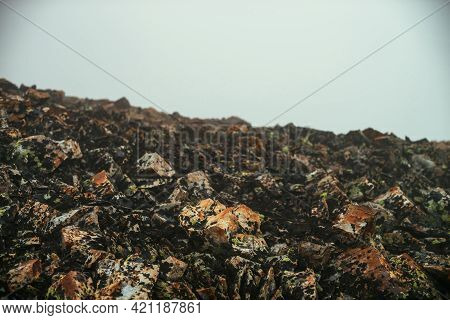Empty Stone Desert Near Abyss Edge In Thick Fog. Zero Visibility In Mountains. Edge Of Abyss In Dens