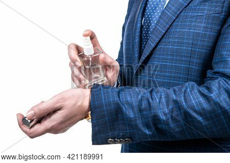 Professional Man Cropped View Apply Perfume Liquid On Wrist, Masculine Scent