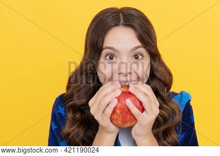 Happy Toothy Child Girl Bite Fresh Apple In Cozy Bathrobe, Childrens Stomatology