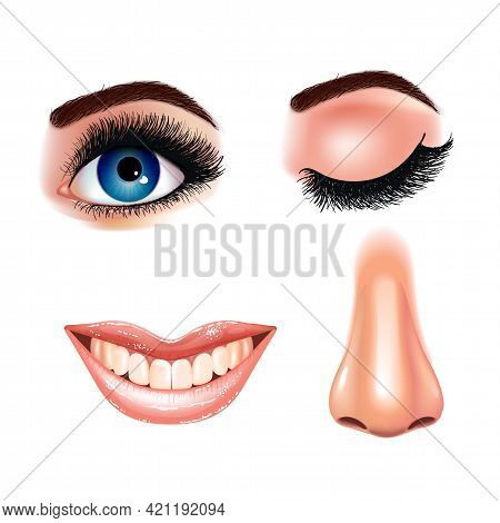 Set Of Beautiful Female Eyes With Extended Eyelashes And Smiling Mouth With Glossy Lips. Grinning Te