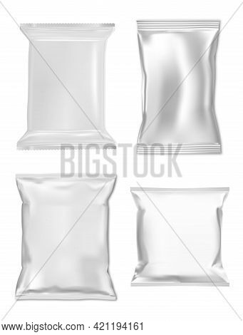 Snack Bag Mockup. Foil Sachet, Zipper Pouch Sample. Cosmetic Pilow Wrap, 3d Vector Packet, Silver Fo