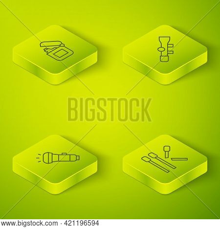 Set Isometric Line Sniper Optical Sight, Flashlight, Matches And Lighter Icon. Vector