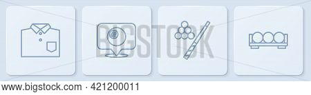 Set Line Bowling Shirt, Billiard Cue And Ball, Location With Billiard And Balls Stand. White Square 