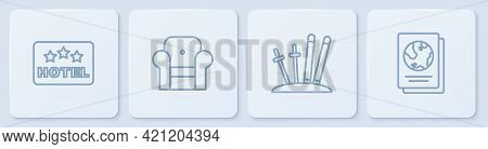Set Line Signboard With Text Hotel, Ski And Sticks, Armchair And Passport. White Square Button. Vect