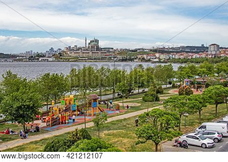 Kanarya,istanbul,turkey-may 20,2021.town And Nature View From Kucukcekmece Lake Shore Suburban Town 