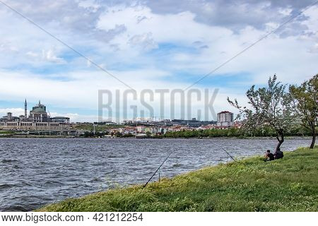 Kanarya,istanbul,turkey-may 20,2021.town And Nature View From Kucukcekmece Lake Shore Suburban Town 