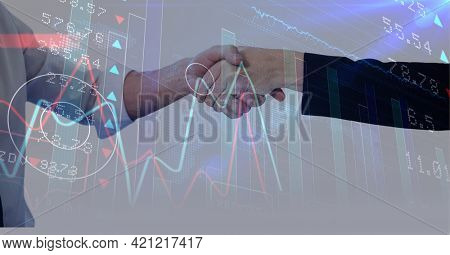 Stock market data processing against mid section of businessman and businesswoman shaking hands. global finance and business technology concept