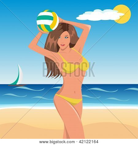 สาวเล่นวอลเล่หาดบนชายหาด