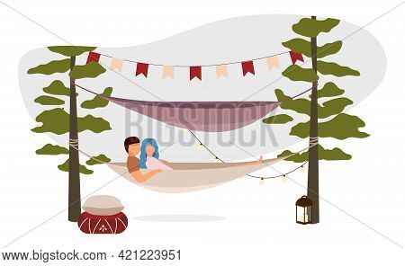 Couple Lying, Hugging In Hammock Flat Vector Illustration. Romantic Summer Camping Vacation. Cartoon