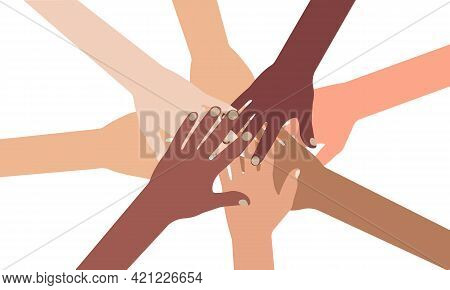 Multi-ethnic Diverse Hands Putting Together, Isolated On White Background. Vector Illustration