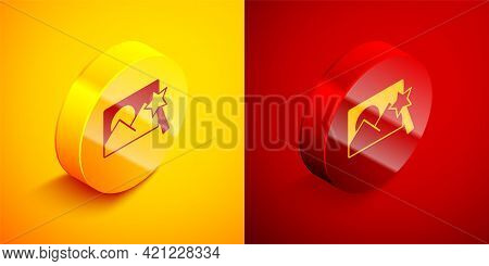 Isometric Photo Retouching Icon Isolated On Orange And Red Background. Photographer, Photography, Re