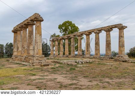Temple of Hera from 6 century BC, archaeological site near Bernalda, Italy