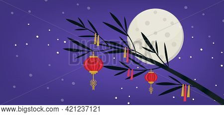 Tanabata Japanese Traditional Festival Background Banner. Bamboo Decorated With Paper Lanterns. Vect