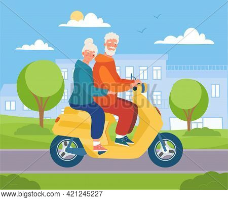 Cute Elderly Couple Is Driving Scooter In The City. Cheerful Male And Female Characters Are Driving 