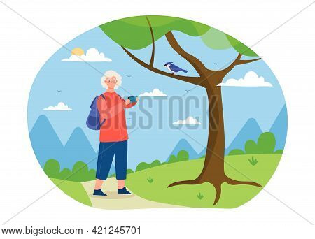 Active Elderly Woman Is Taking Pictures In A National Park. Grey Female Character Is Taking Pictures