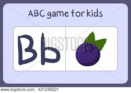 Kid Alphabet Mini Games In Cartoon Style With Letter B - Blueberry. Vector Illustration For Game Des