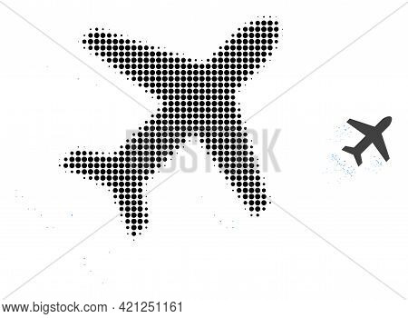 Flying Air Liner Halftone Dot Icon Illustration. Halftone Pattern Contains Round Points. Vector Illu