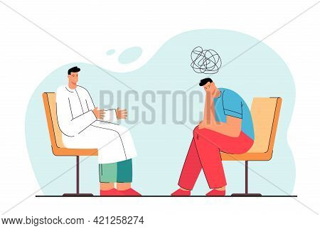 Psychotherapeutic Session Flat Vector Illustration. Man Attending Psychotherapist, Sorting Out His P