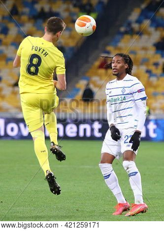Kyiv, Ukraine - March 11, 2021: Juan Foyth Of Villarreal (l) Fights For A Ball With Gerson Rodrigues
