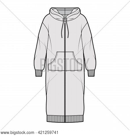 Dress Zip-up Hoody Technical Fashion Illustration With Long Sleeves, Kangaroo Pouch, Rib Cuff Oversi