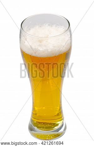 Fresh Cold Beer Glass Isolated On White. Gold Beer Bavaria Oktoberfest With Foam Crown. Pint Of Ligh