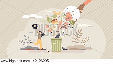 Food Waste And Meal Leftovers Garbage Reduce Awareness Tiny Person Concept. Throw Away Groceries In 