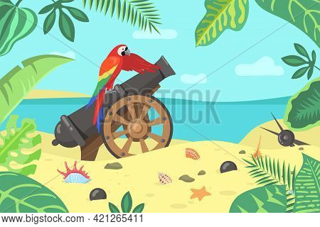 Cartoon Exotic Parrot Sitting On Cannon On Seashore. Colorful Macaw On Old Military Weapon, Seashell