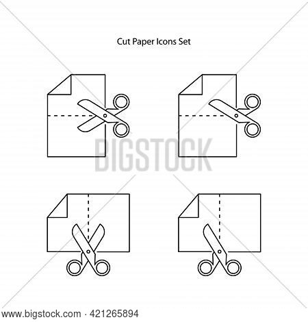 Cut Line Scissors Set, Editable Strokes. Paper Cut Icons. Vector Scissors With Cutting Lines.