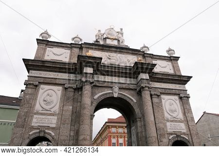 Triumphpforte, A Baroque Triumphal Arch In The Old Town Innsbruck, Tyrol, Austria, The Southern Side